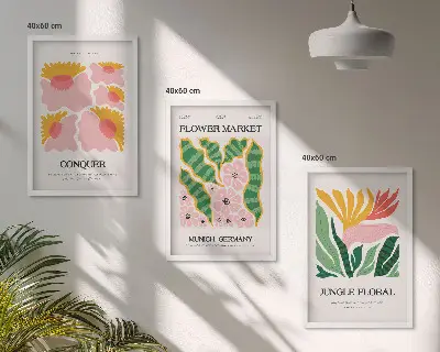 Conjunto de quadros para sala de estar com estampas modernas de flores e folhas