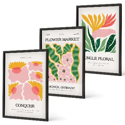 Conjunto de quadros para sala de estar com estampas modernas de flores e folhas