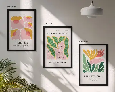 Conjunto de quadros para sala de estar com estampas modernas de flores e folhas