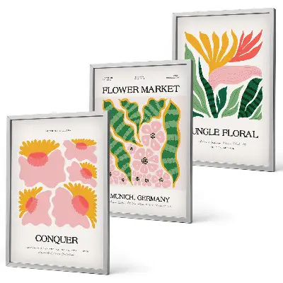 Conjunto de quadros para sala de estar com estampas modernas de flores e folhas