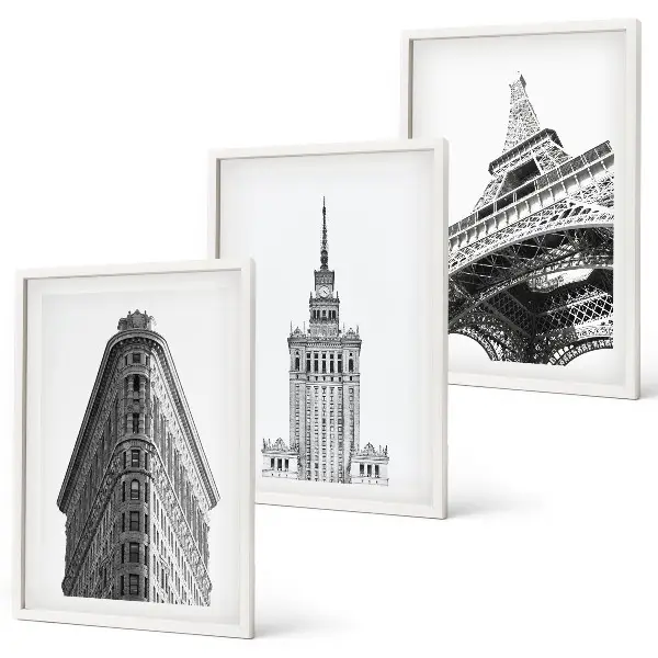 Conjunto de quadros para sala de estar com edifícios arquitetônicos em preto e branco