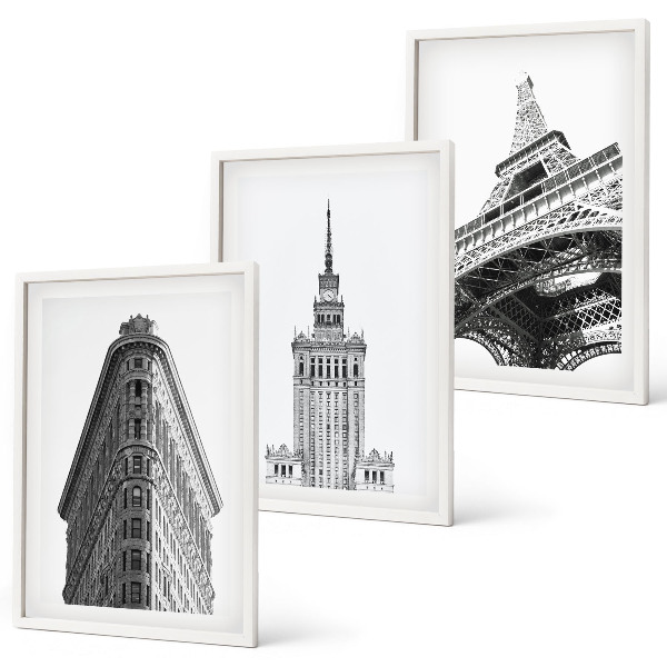 Conjunto de quadros para sala de estar Edifícios arquitetônicos em preto e branco