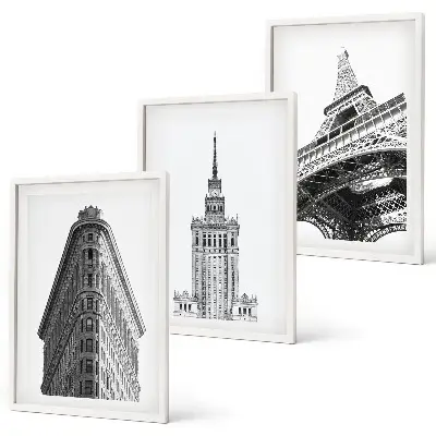 Conjunto de quadros para sala de estar com edifícios arquitetônicos em preto e branco