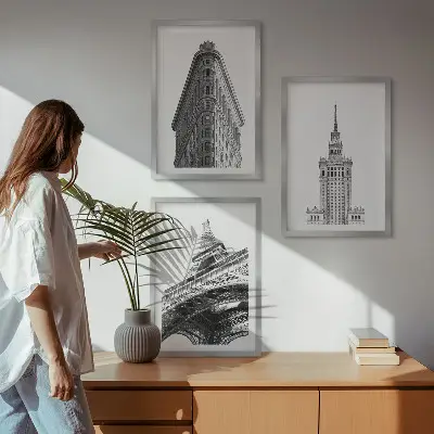 Conjunto de quadros para sala de estar com edifícios arquitetônicos em preto e branco