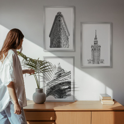 Conjunto de quadros para sala de estar Edifícios arquitetônicos em preto e branco