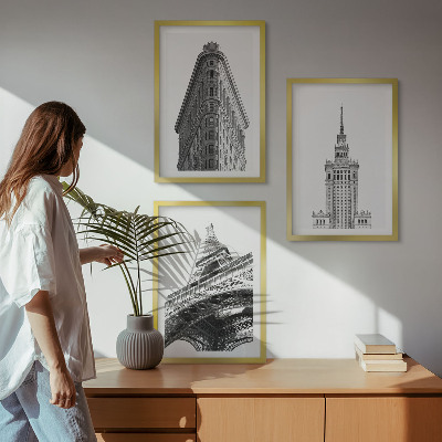 Conjunto de quadros para sala de estar Edifícios arquitetônicos em preto e branco
