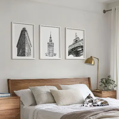 Conjunto de quadros para sala de estar com edifícios arquitetônicos em preto e branco