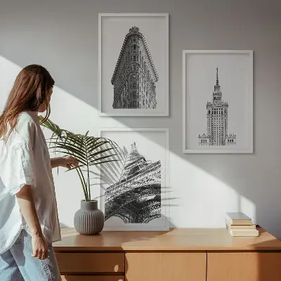 Conjunto de quadros para sala de estar com edifícios arquitetônicos em preto e branco