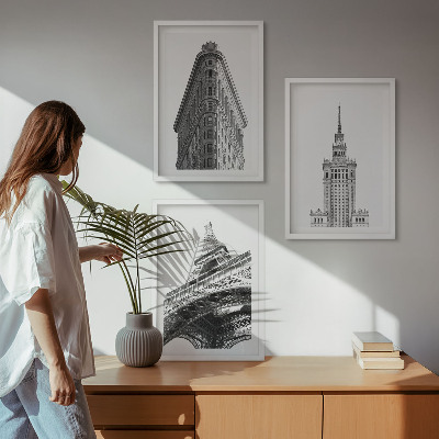 Conjunto de quadros para sala de estar Edifícios arquitetônicos em preto e branco