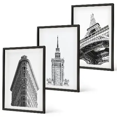 Conjunto de quadros para sala de estar com edifícios arquitetônicos em preto e branco