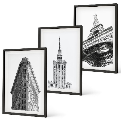 Conjunto de quadros para sala de estar Edifícios arquitetônicos em preto e branco