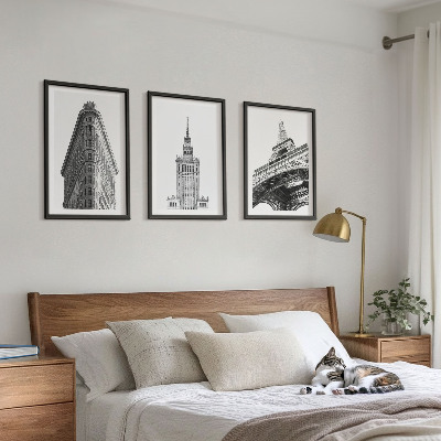 Conjunto de quadros para sala de estar Edifícios arquitetônicos em preto e branco