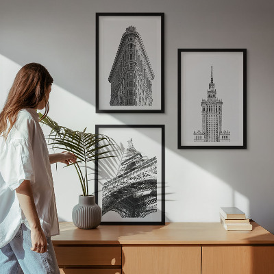 Conjunto de quadros para sala de estar Edifícios arquitetônicos em preto e branco