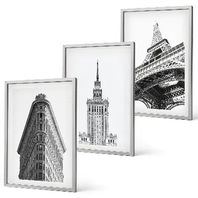 Conjunto de quadros para sala de estar com edifícios arquitetônicos em preto e branco