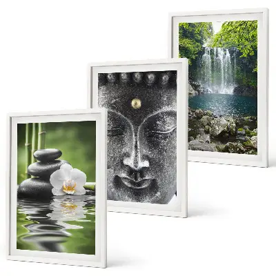 Composição de quadros moderna com a estampa de Buda e pedras da harmonia