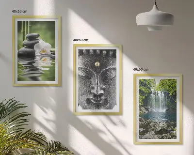 Composição de quadros moderna com a estampa de Buda e pedras da harmonia