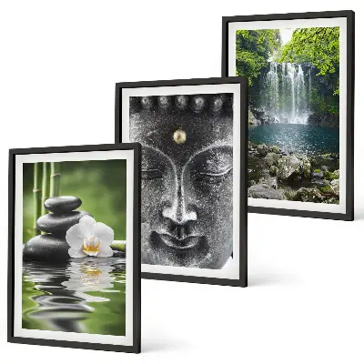 Composição de quadros moderna com a estampa de Buda e pedras da harmonia