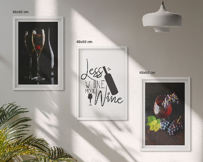 Conjunto de 3 quadros com moldura Taças de vinho com uvas e inscrição