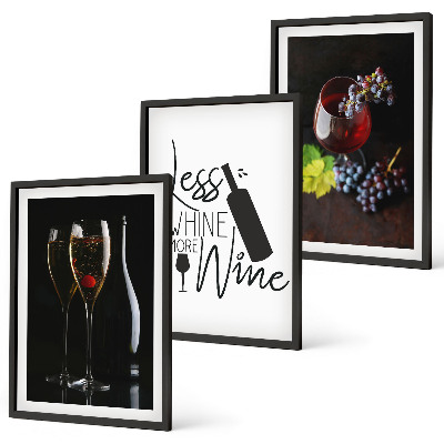 Conjunto de 3 quadros com moldura Taças de vinho com uvas e inscrição