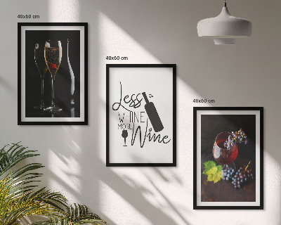 Conjunto de 3 quadros com moldura Taças de vinho com uvas e inscrição