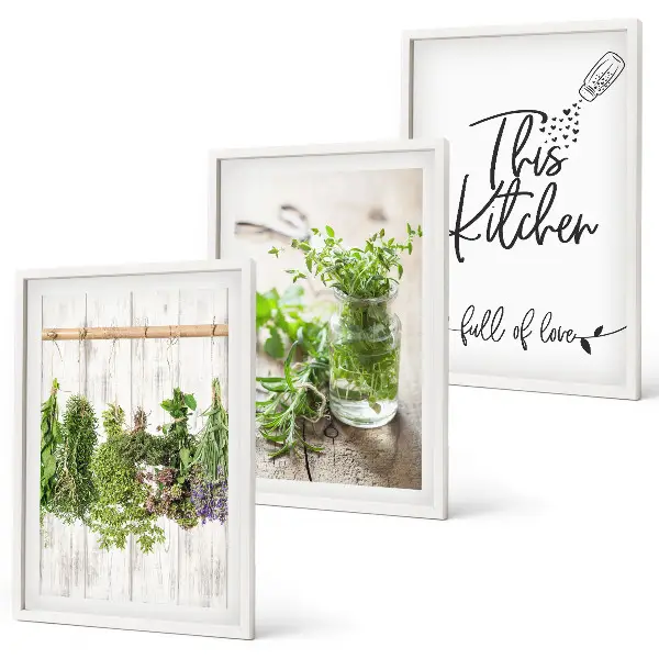 Conjunto de quadros decorativos modernos com tema de cozinha e ervas secas