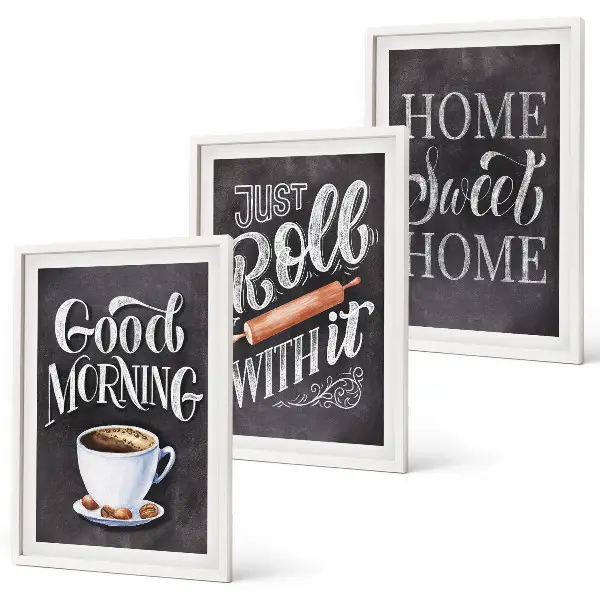 Conjunto de 3 quadros com moldura com estampas de motivos para cozinha