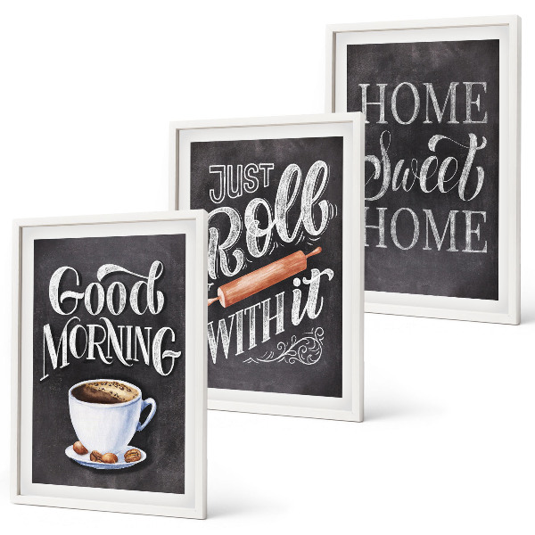 Conjunto de 3 quadros com moldura Inscrições com motivos para cozinha doméstica