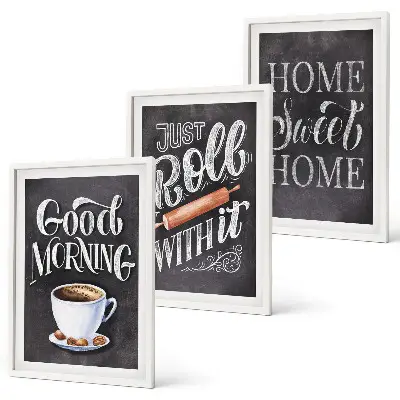 Conjunto de 3 quadros com moldura com estampas de motivos para cozinha