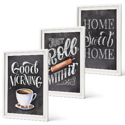 Conjunto de 3 quadros com moldura Inscrições com motivos para cozinha doméstica