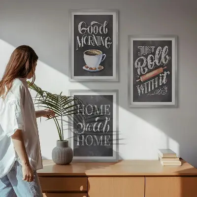 Conjunto de 3 quadros com moldura com estampas de motivos para cozinha