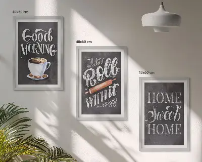 Conjunto de 3 quadros com moldura com estampas de motivos para cozinha