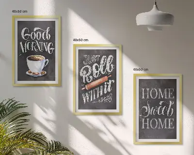Conjunto de 3 quadros com moldura com estampas de motivos para cozinha
