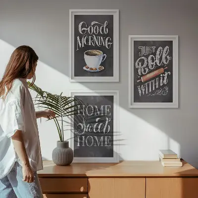 Conjunto de 3 quadros com moldura com estampas de motivos para cozinha