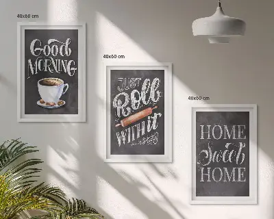 Conjunto de 3 quadros com moldura com estampas de motivos para cozinha