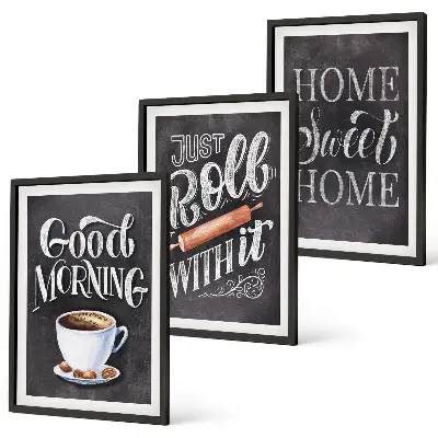Conjunto de 3 quadros com moldura com estampas de motivos para cozinha