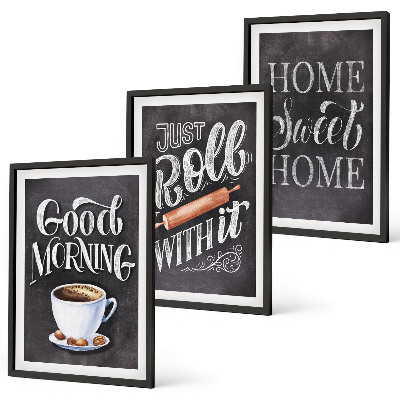 Conjunto de 3 quadros com moldura Inscrições com motivos para cozinha doméstica