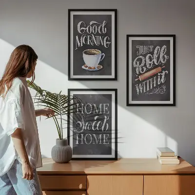 Conjunto de 3 quadros com moldura com estampas de motivos para cozinha