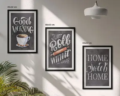 Conjunto de 3 quadros com moldura com estampas de motivos para cozinha