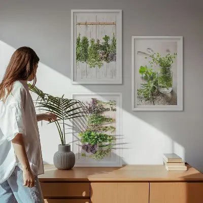 Conjunto de quadros para sala de estar com estampas de plantas de ervas aromáticas para cozinha
