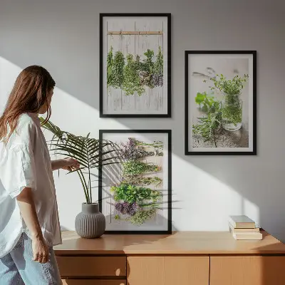 Conjunto de quadros para sala de estar com estampas de plantas de ervas aromáticas para cozinha