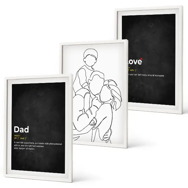 Composição de quadros moderna desenho de família em estilo linear com tema de amor e paternidade