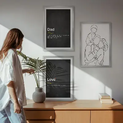 Composição de quadros moderna desenho de família em estilo linear com tema de amor e paternidade