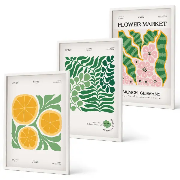 Conjunto de quadros para sala de estar com motivos de frutas e plantas em tons pastel