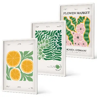 Conjunto de quadros para sala de estar com motivos de frutas e plantas em tons pastel