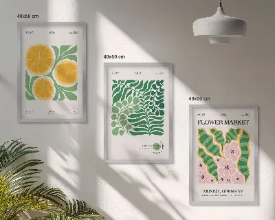Conjunto de quadros para sala de estar com motivos de frutas e plantas em tons pastel