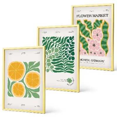 Conjunto de quadros para sala de estar com motivos de frutas e plantas em tons pastel