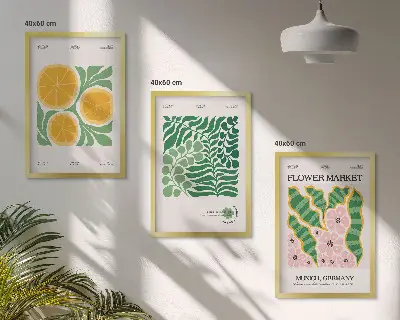 Conjunto de quadros para sala de estar com motivos de frutas e plantas em tons pastel