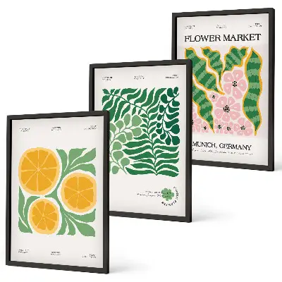Conjunto de quadros para sala de estar com motivos de frutas e plantas em tons pastel