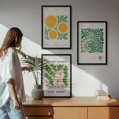 Conjunto de quadros para sala de estar com motivos de frutas e plantas em tons pastel