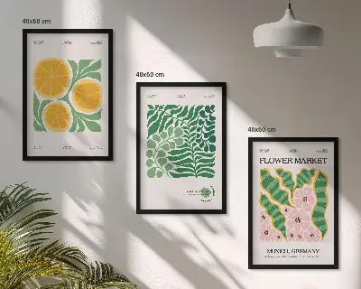Conjunto de quadros para sala de estar com motivos de frutas e plantas em tons pastel